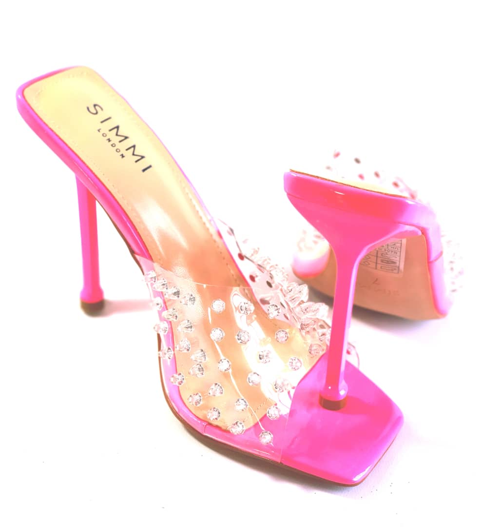 Mules SIMMI Fuchsia Néon à Talon Aiguille et Strass Transparent - Image 1