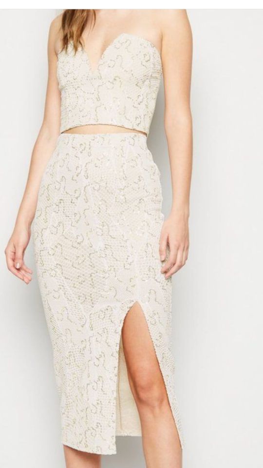 Ensemble bustier et jupe fendue ivoire à sequins - Aperçu 3