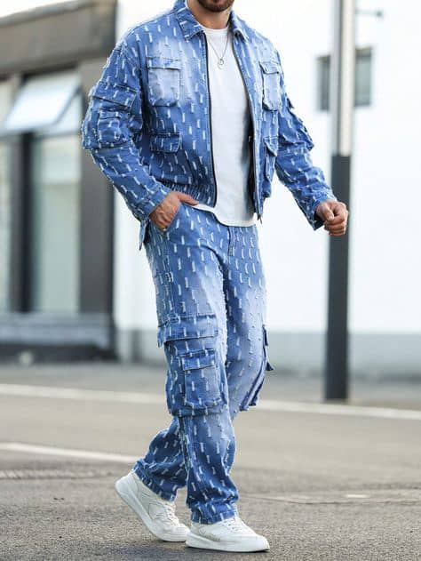 Ensemble Denim "Urban Grid" – Veste Cargo & Pantalon Large - Image 1