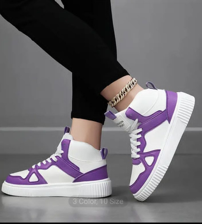Baskets Montantes Blanc & Violet – Style Sport Femme - Aperçu 3